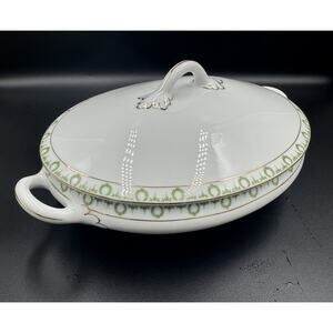 Antique Austria Bristol Oval Lidded Serving Dish 7.5”×9.5” White w/Gold & Green